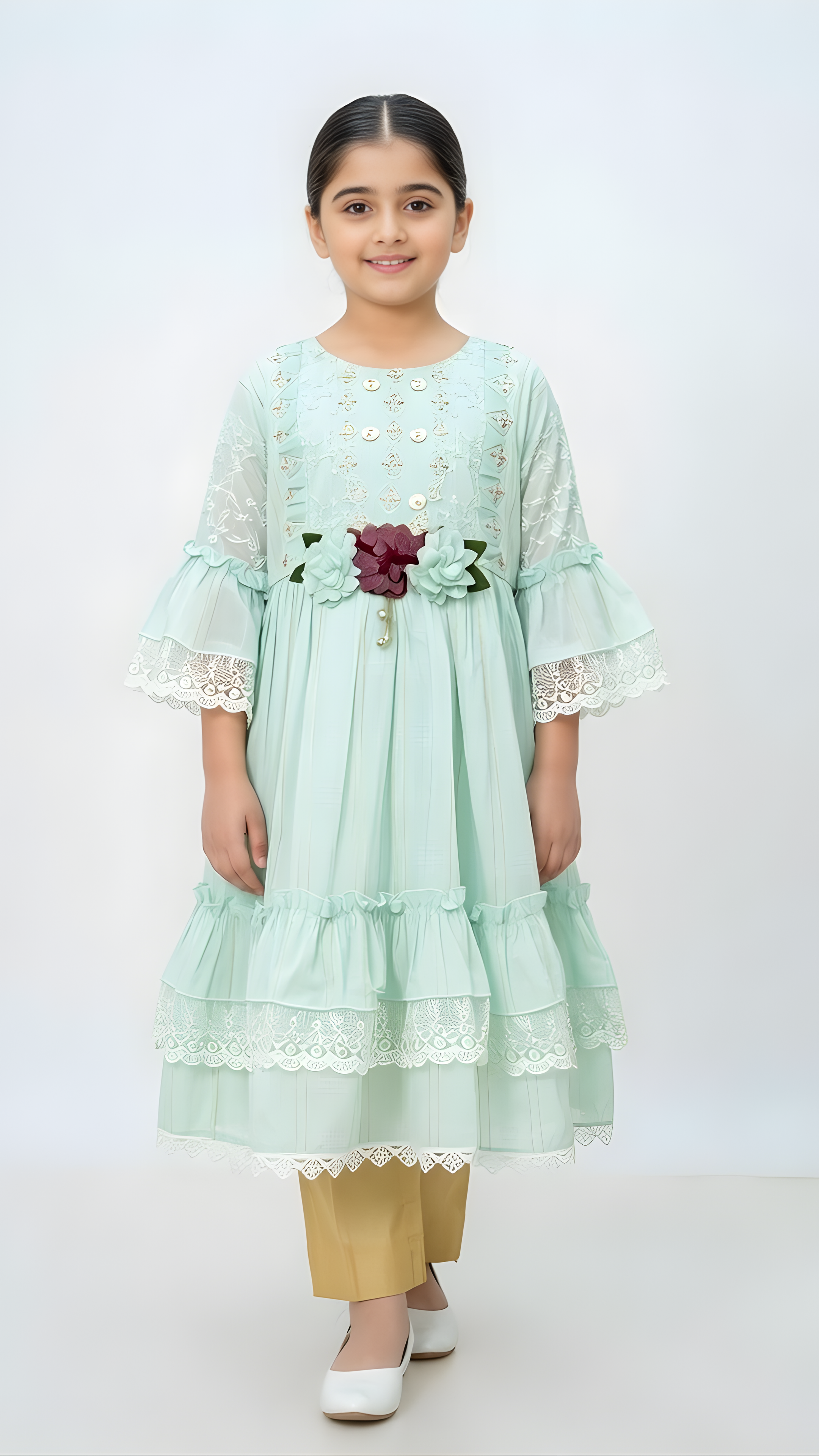 Mint Green Layered Girls Party Dress with Lace & Floral Waist Detail