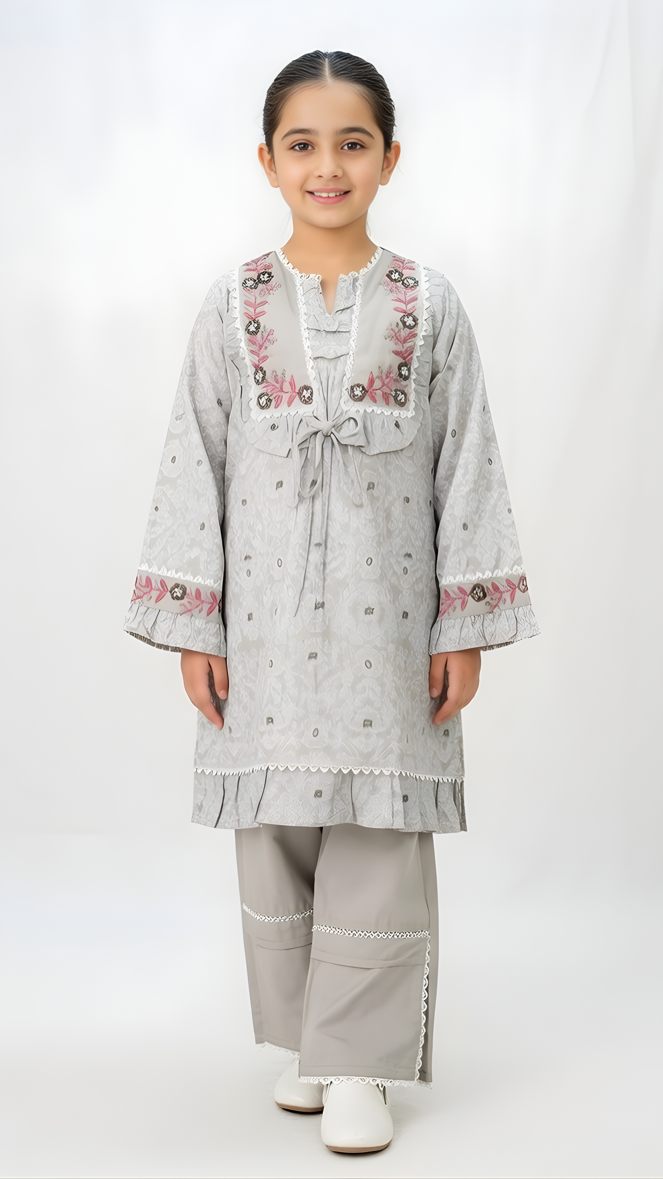 Grey Embroidered casual wear Frock