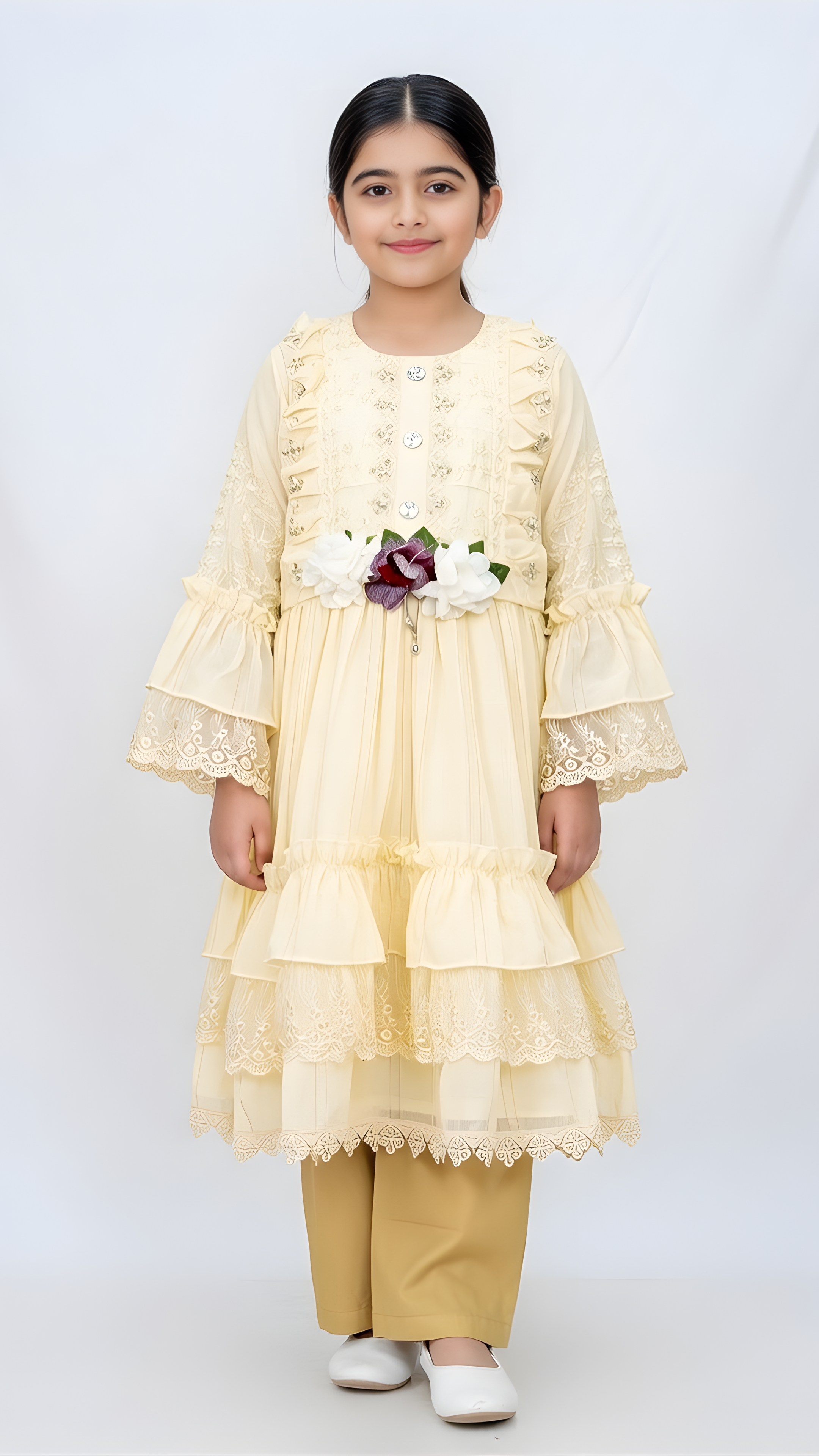 Mustard Layered Girls Party Dress with Lace & Floral Waist Detail