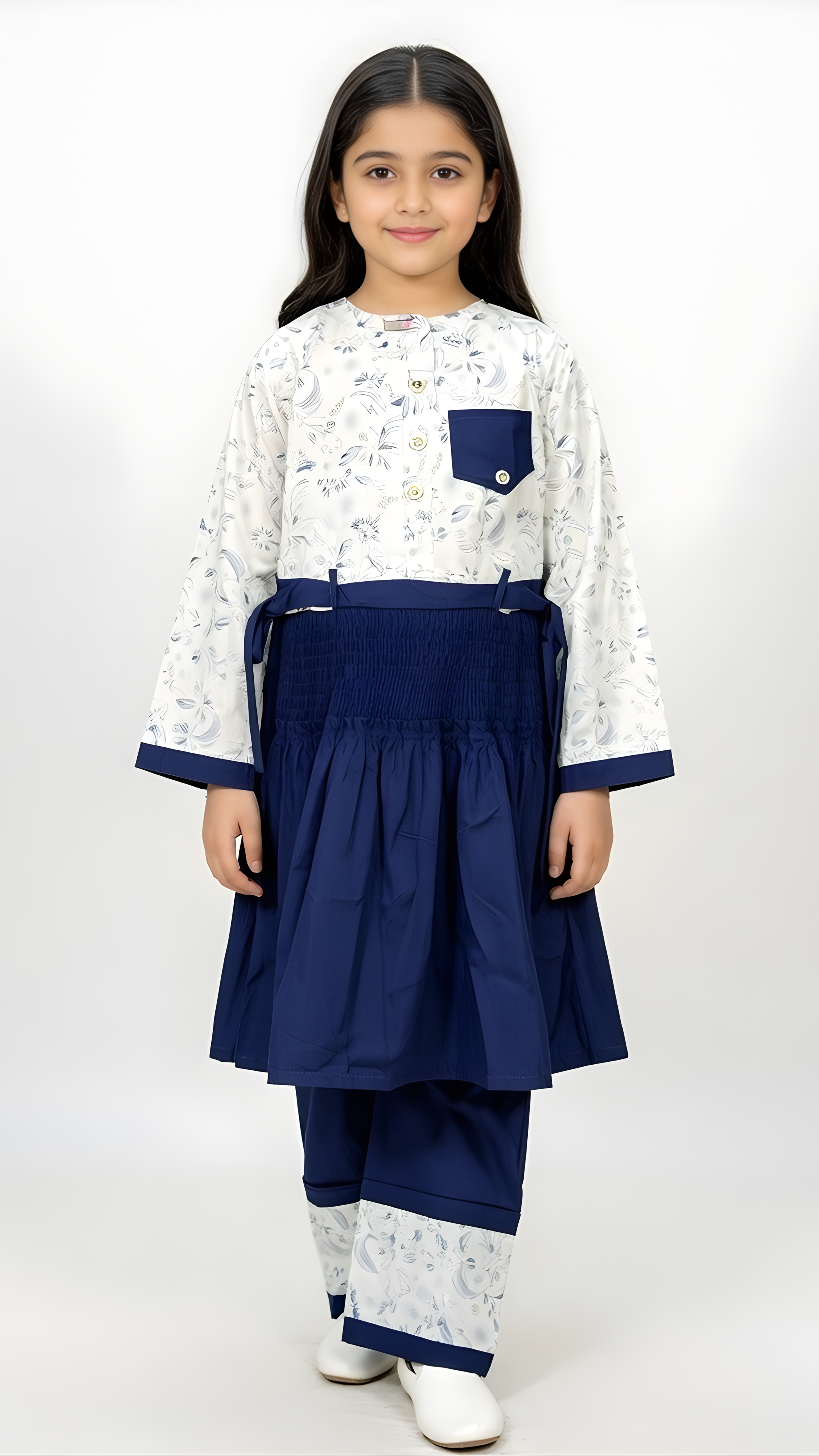 Navy Blue & White Printed Girls 2-Piece Casual Set