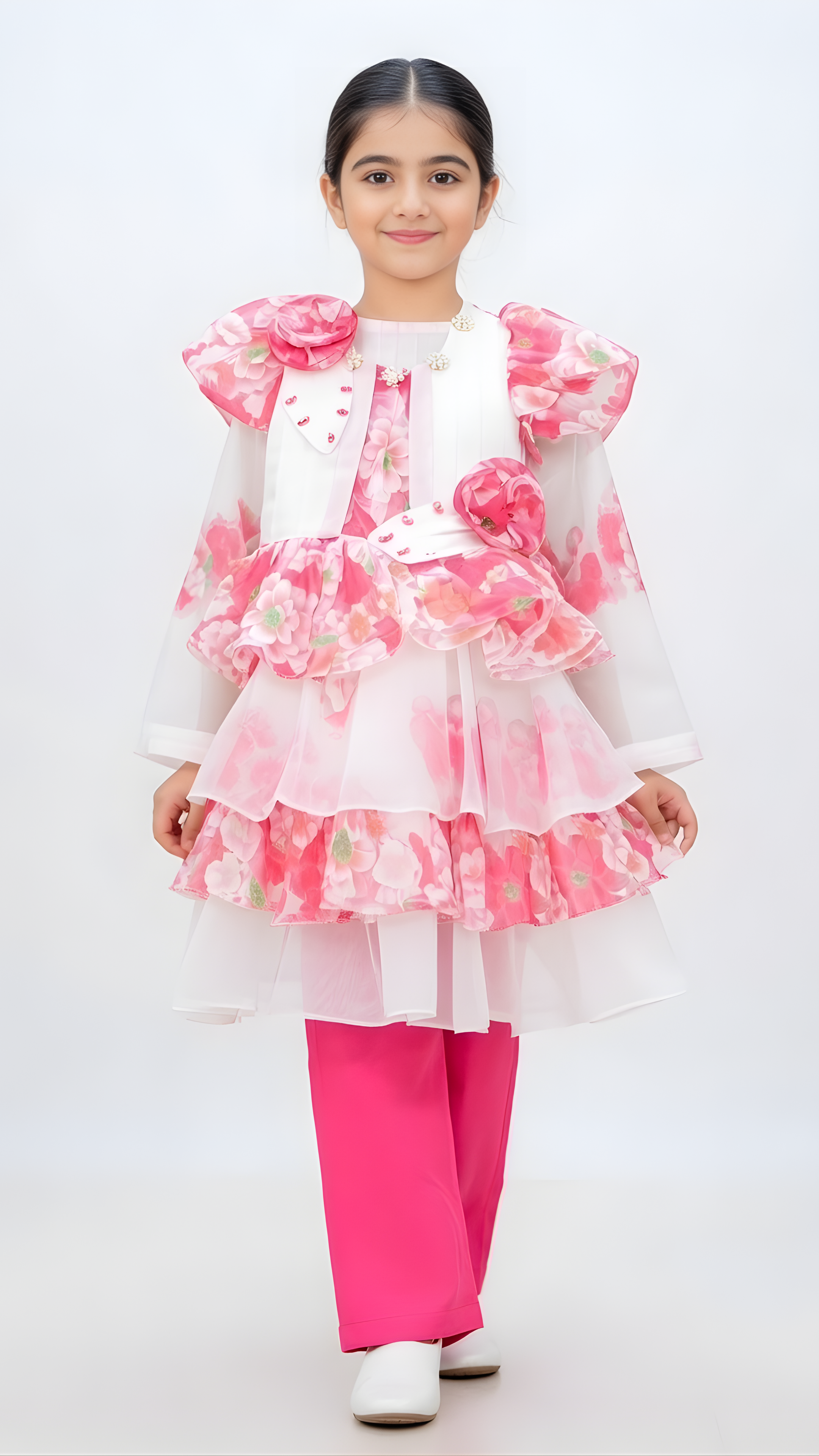 Pink Floral Layered Girls Party Dress with Ruffle Details