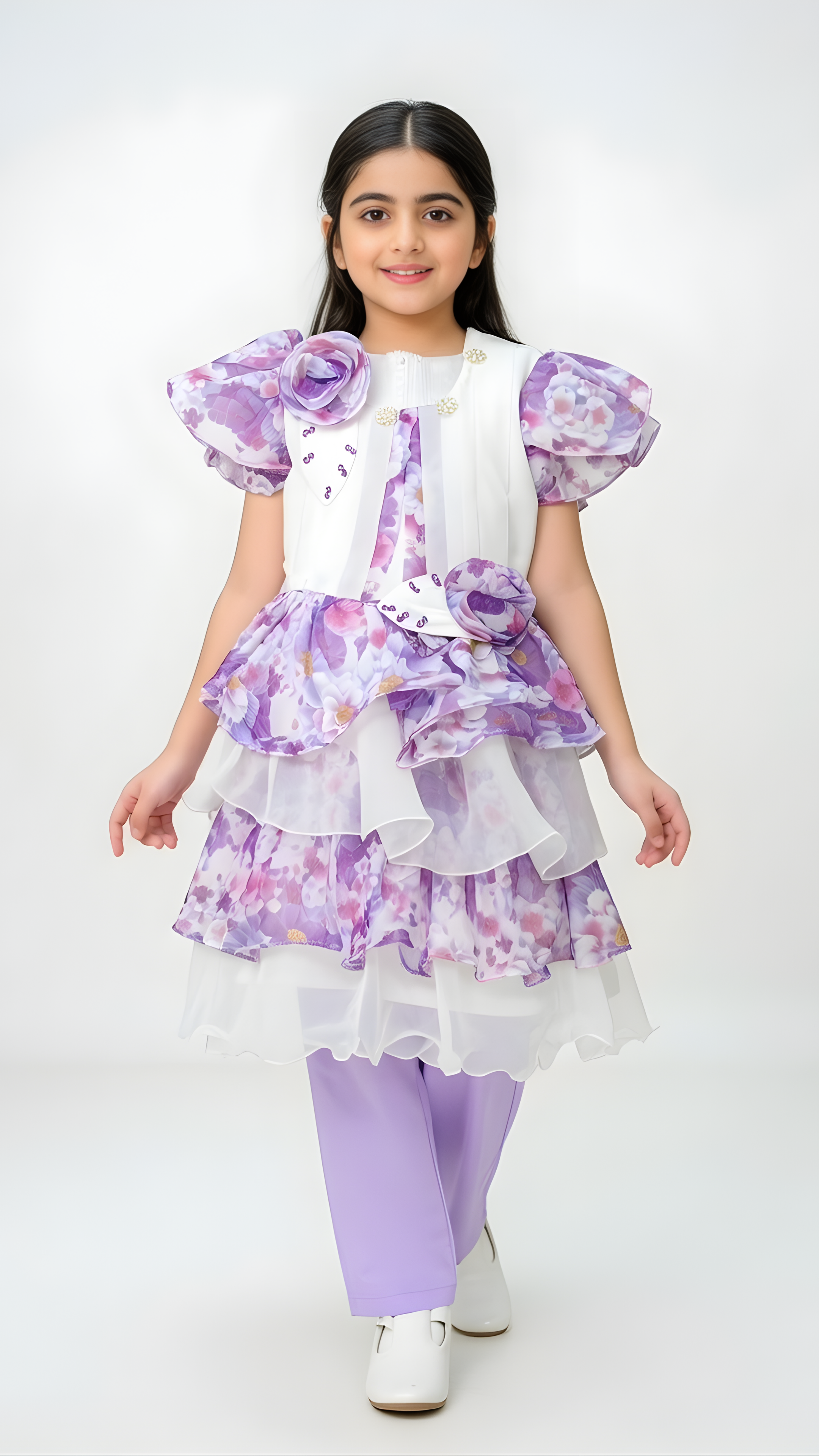 Purple Floral Layered Girls Party Dress with Ruffle Details