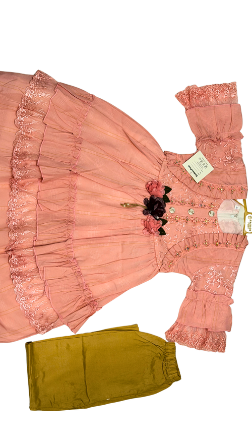Baby Pink Layered Girls Party Dress with Lace & Floral Waist Detail