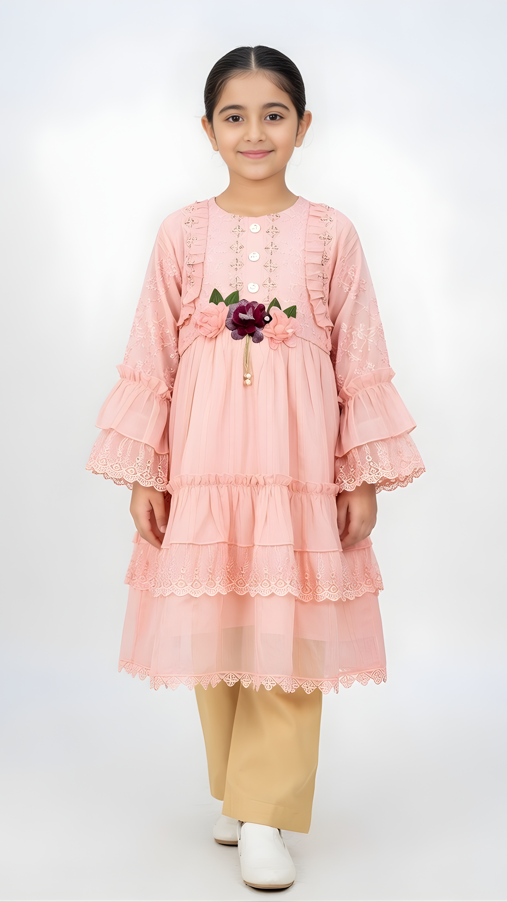 Baby Pink Layered Girls Party Dress with Lace & Floral Waist Detail