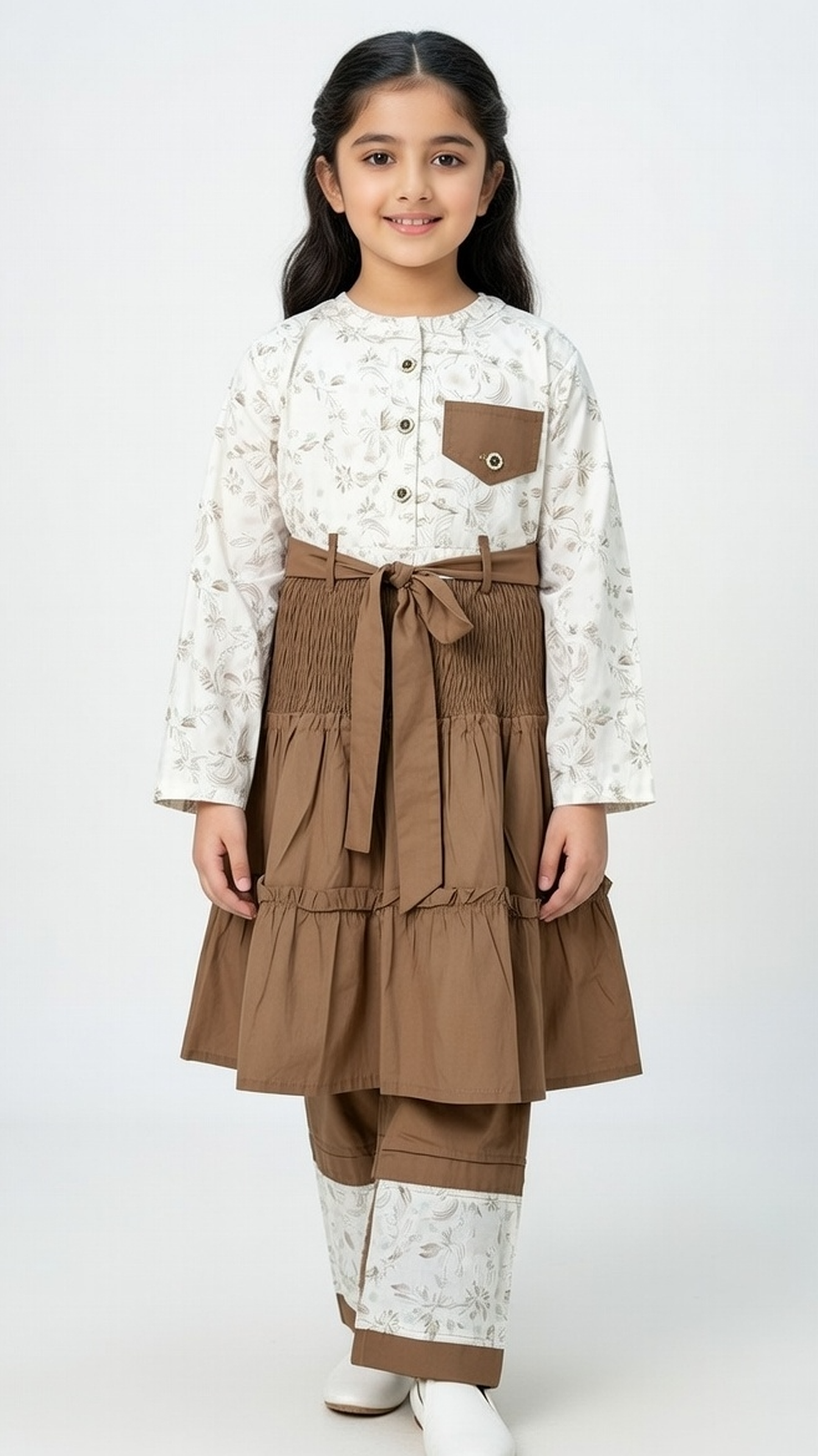 Brown & White Printed Girls 2-Piece Casual Set