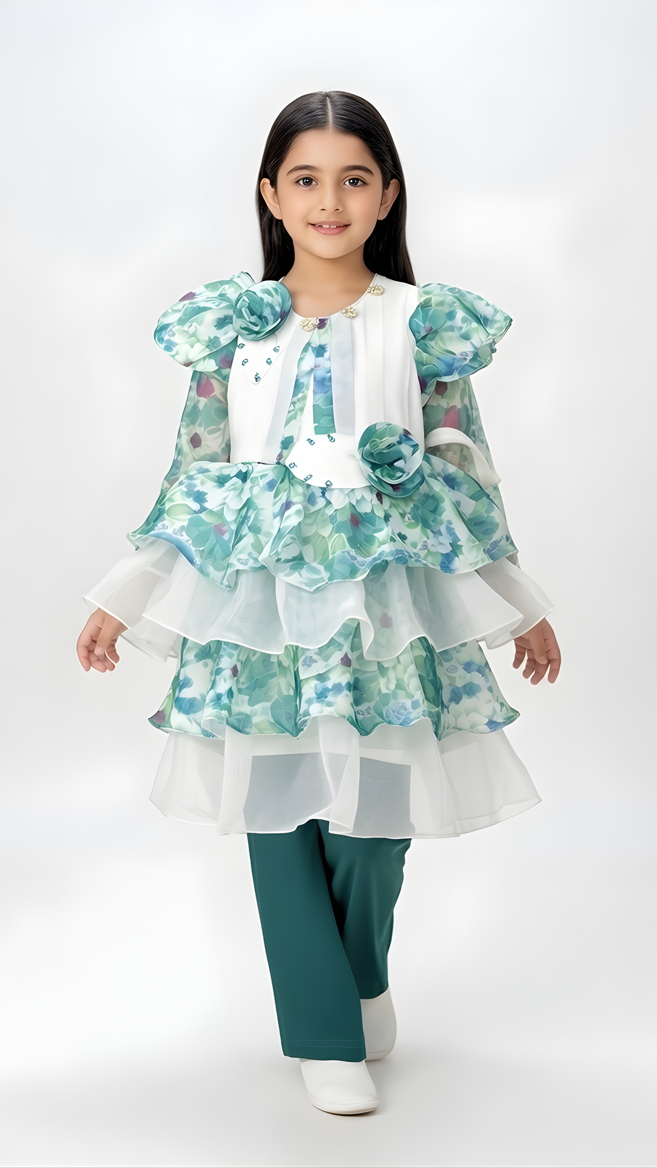 Floral Layered Girls Party Dress with Ruffle Details